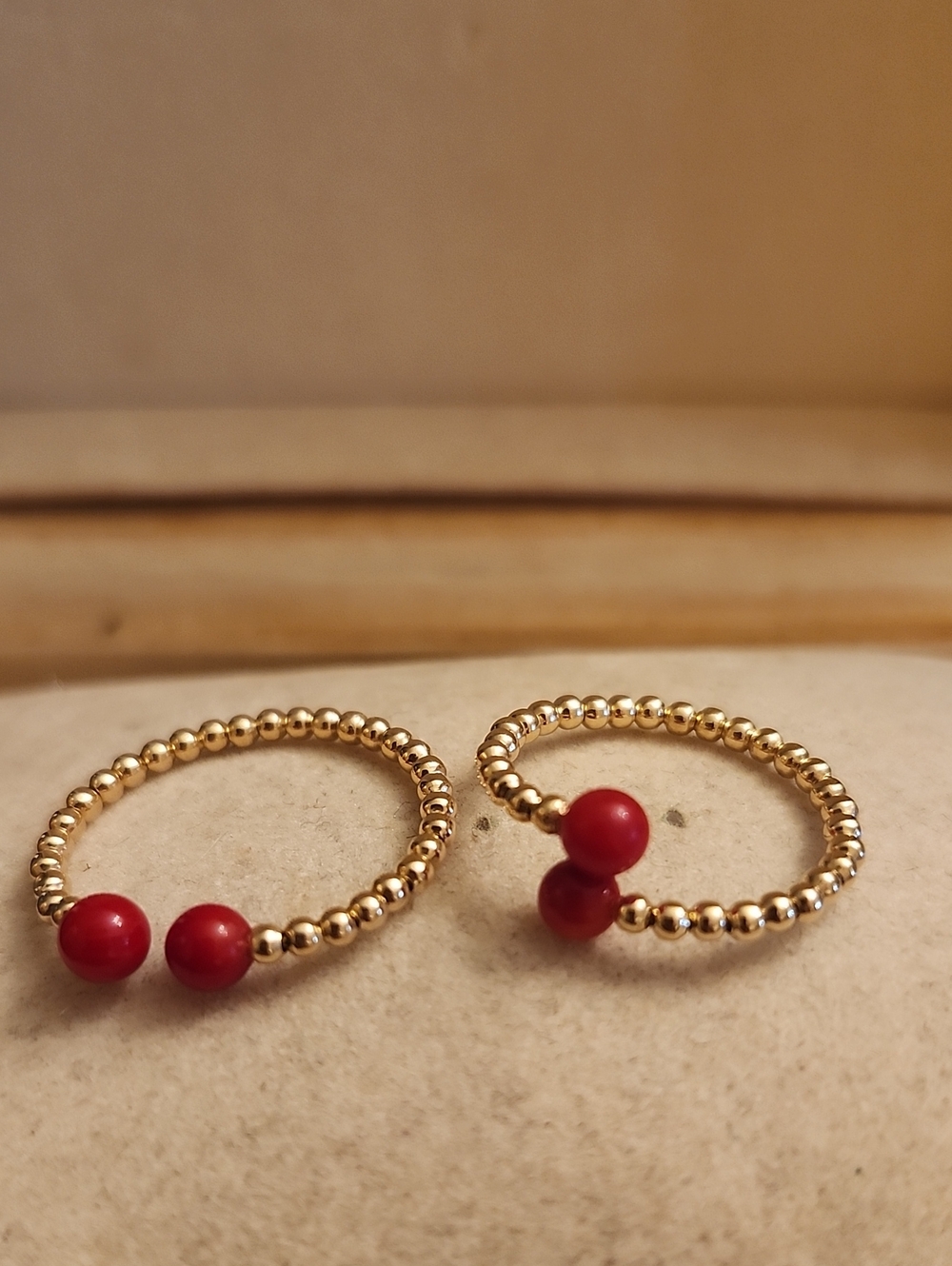 14kt Gold Beaded Ring with Red Accent Beads